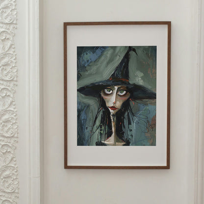Surreal art print featuring a witch with striking green eyes and a mysterious aura, painted in abstract brushstrokes.