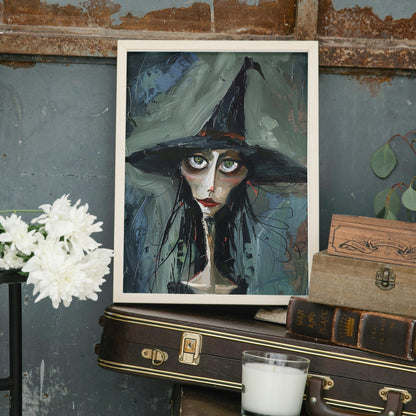Moody artwork of a witch with piercing green eyes, painted in an abstract style with deep, dark colours.