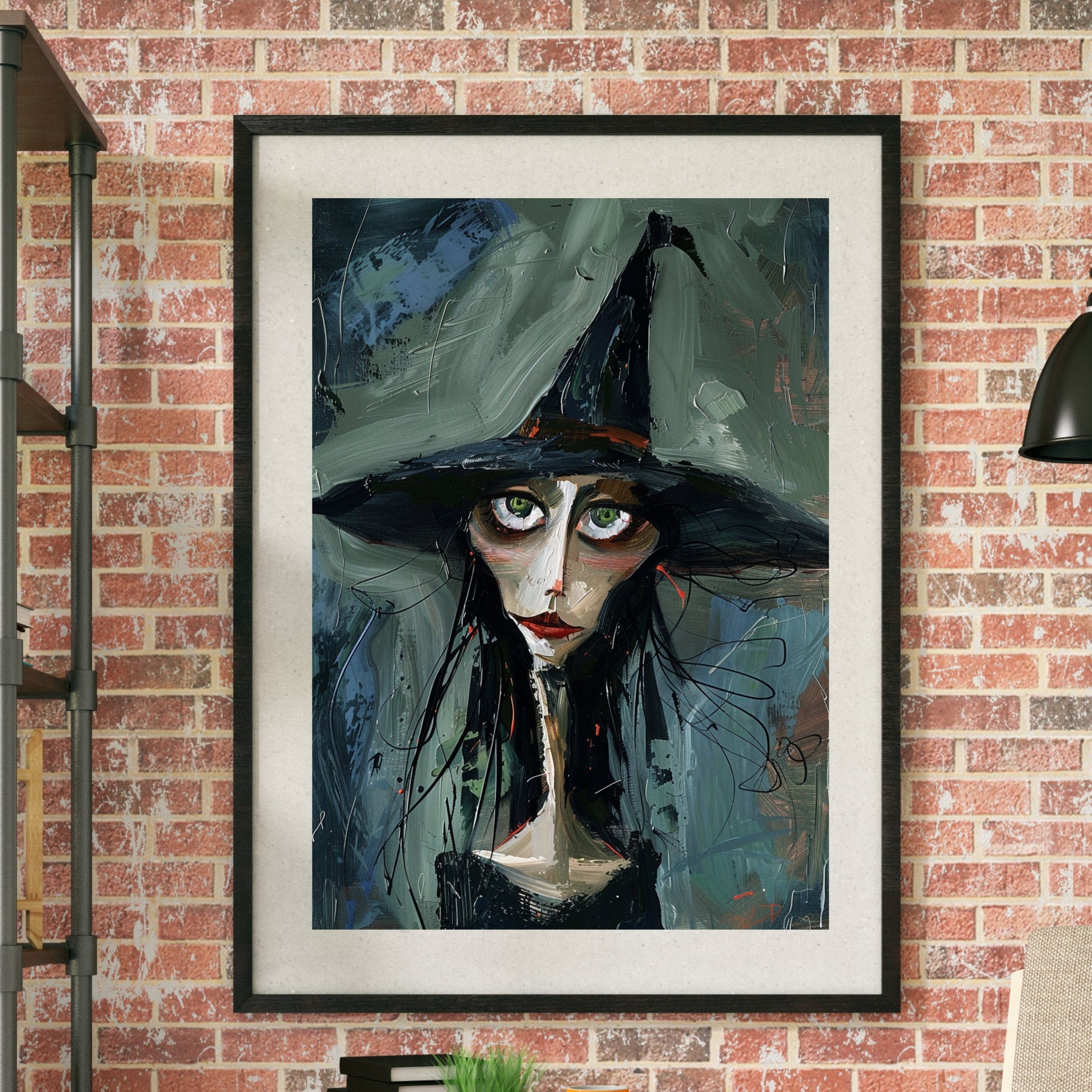 Abstract painting of a witch with green eyes and a dark hat, featuring expressive brushstrokes and a moody colour palette.