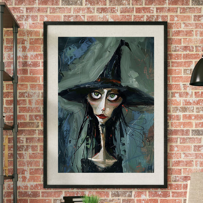 Abstract painting of a witch with green eyes and a dark hat, featuring expressive brushstrokes and a moody colour palette.