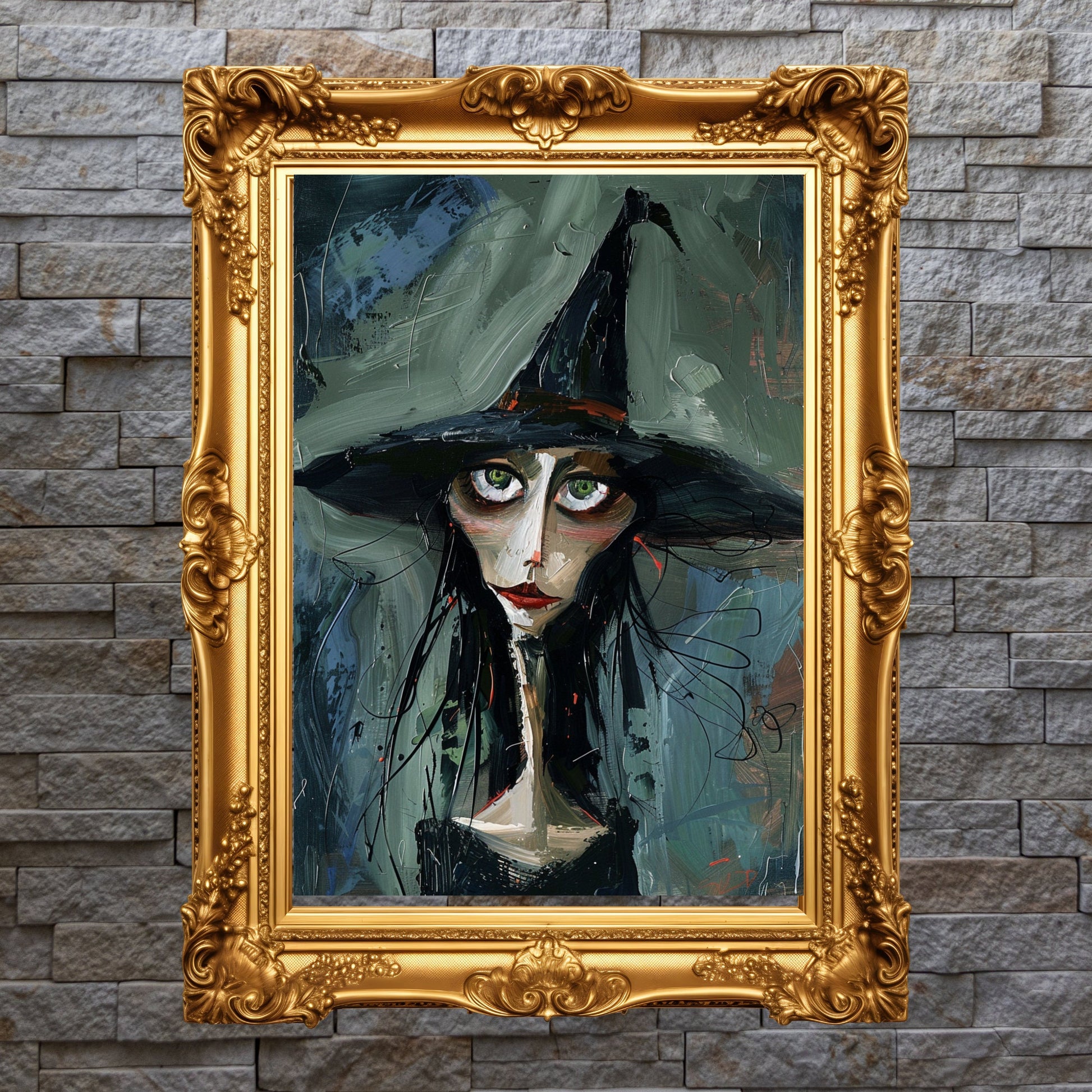 Haunting witch painting with vibrant green eyes, executed in an abstract style with a dark, moody background.