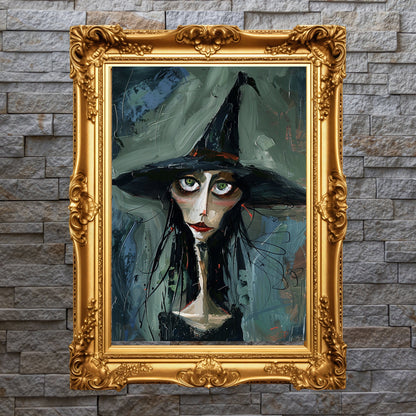 Haunting witch painting with vibrant green eyes, executed in an abstract style with a dark, moody background.