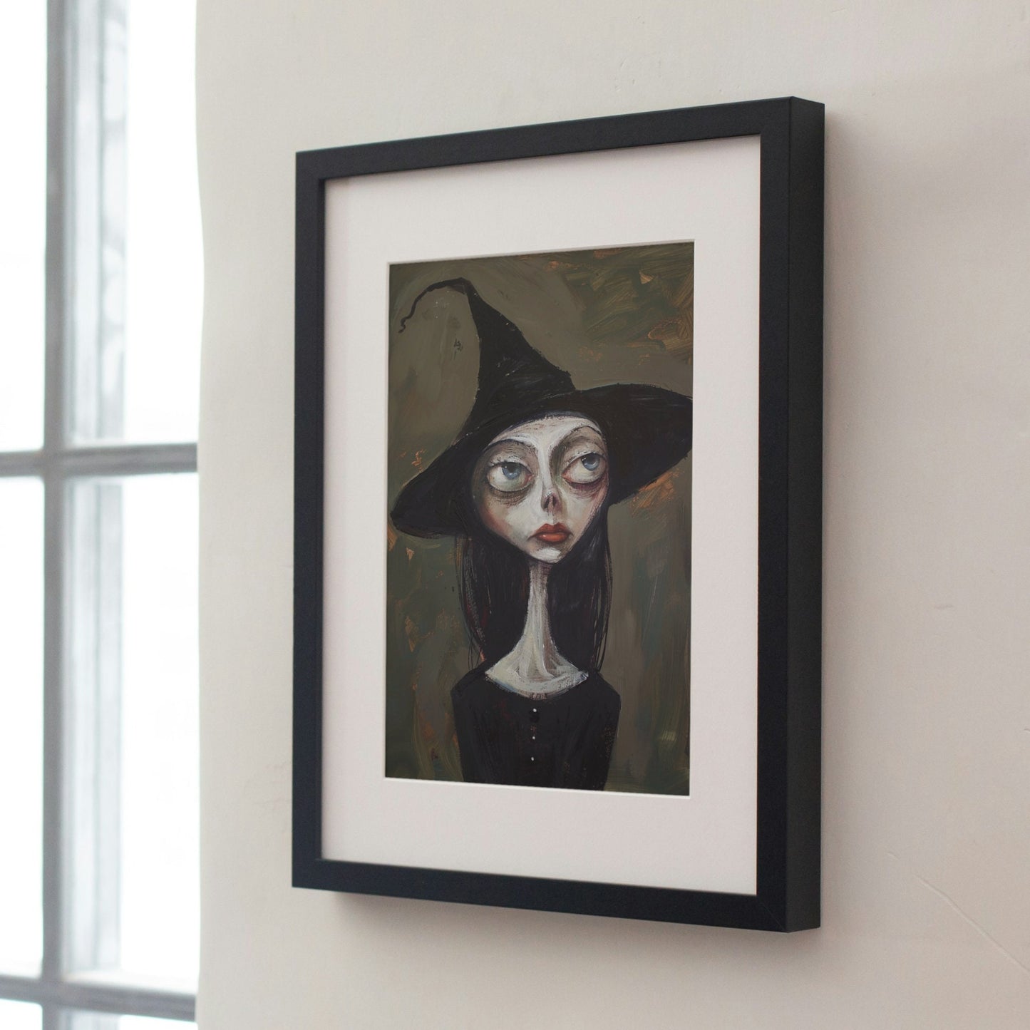A hauntingly beautiful witch illustration with dark tones and a whimsical hat, ideal for fans of witchy gifts and fantasy decor