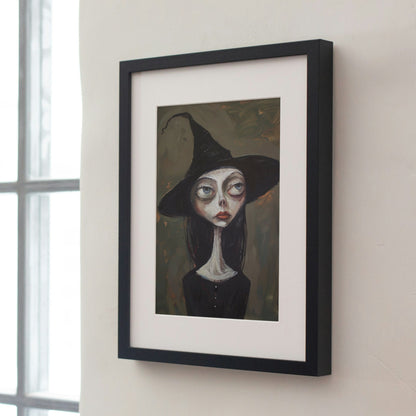 A hauntingly beautiful witch illustration with dark tones and a whimsical hat, ideal for fans of witchy gifts and fantasy decor