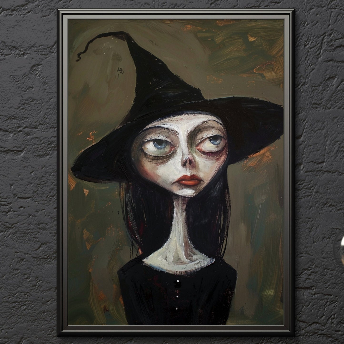 A gothic-inspired witch illustration with a long neck and expressive eyes, perfect for witchy gifts and lovers of dark fantasy art.