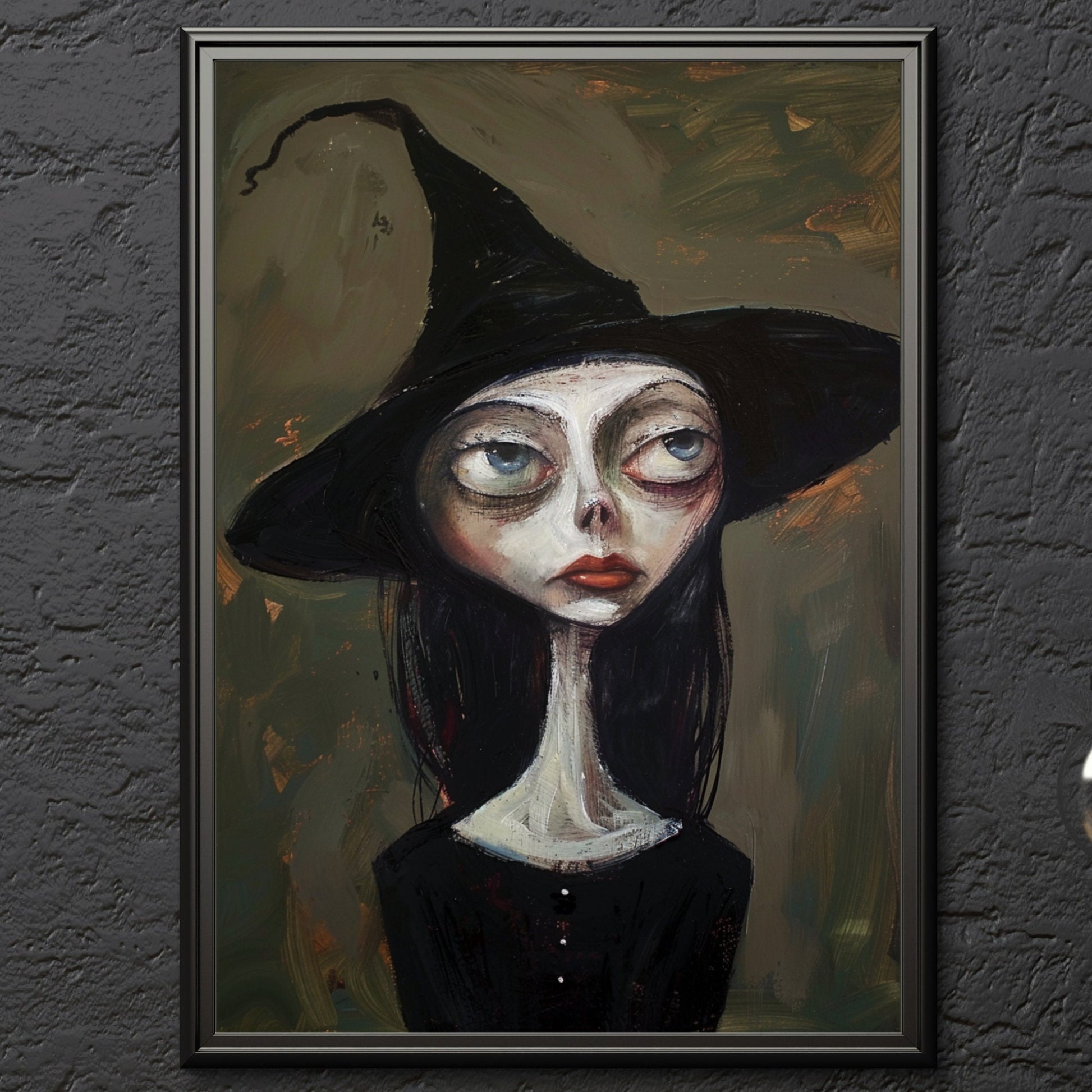 A gothic-inspired witch illustration with a long neck and expressive eyes, perfect for witchy gifts and lovers of dark fantasy art.