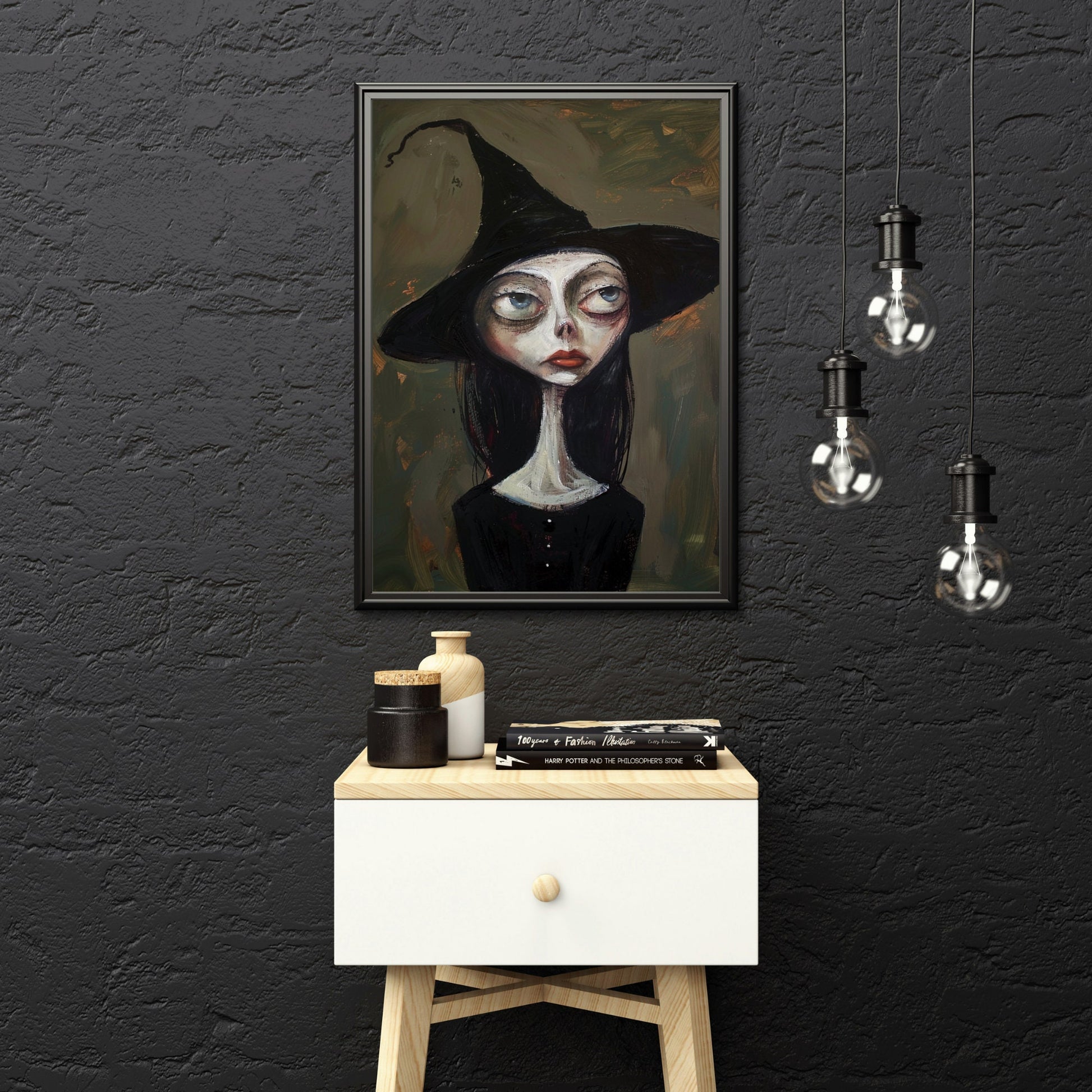 Gothic witch artwork featuring a melancholic witch with striking red lips, suited for witchy gifts and dark-themed home decor.