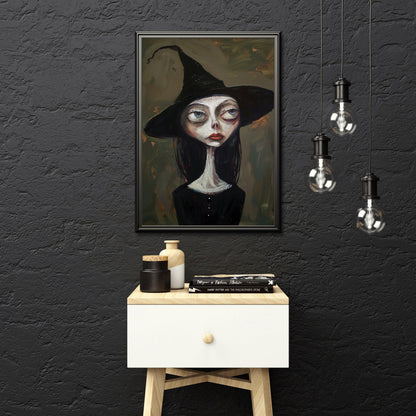 Gothic witch artwork featuring a melancholic witch with striking red lips, suited for witchy gifts and dark-themed home decor.