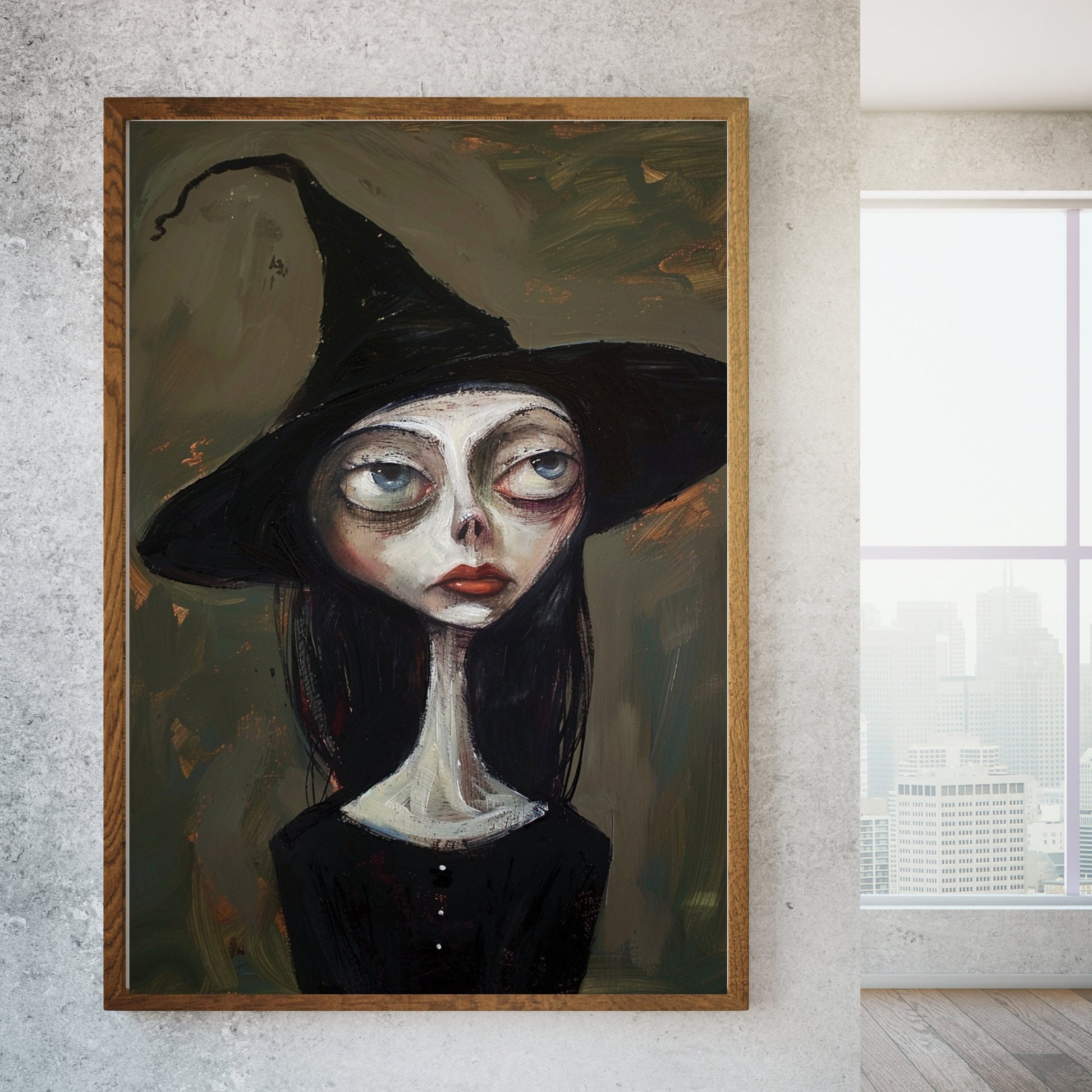 An ethereal witch with oversized eyes and a tilted black hat, making a perfect addition to any collection of witchy gifts or gothic art.