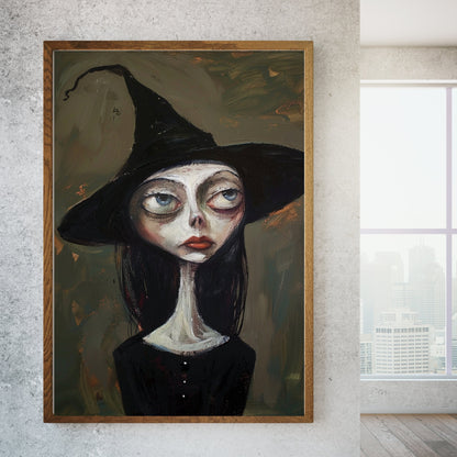 An ethereal witch with oversized eyes and a tilted black hat, making a perfect addition to any collection of witchy gifts or gothic art.