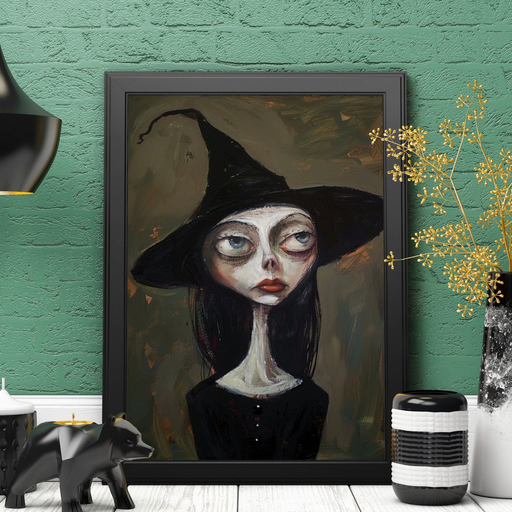 A surreal witch portrait with large eyes and a crooked black hat, perfect for witchy gifts or gothic wall art collections