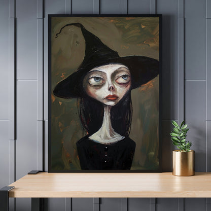 A moody, mystical witch portrait with a whimsical black hat, an excellent choice for witchy gifts or Halloween-themed decorations
