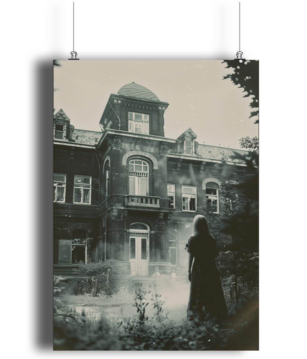 Eerie vintage photograph of an old sanatorium, with a ghostly silhouette standing in the foreground.
