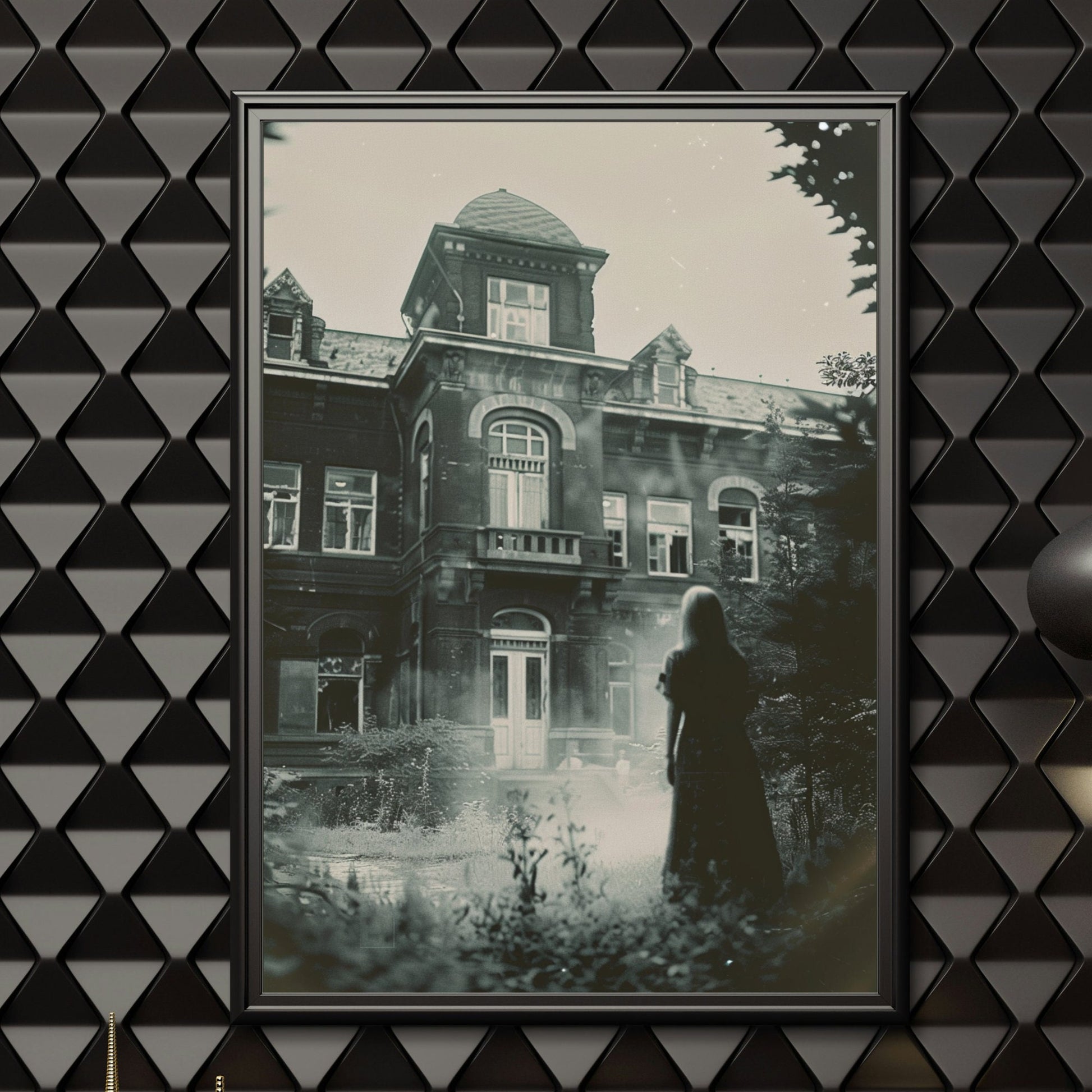 Ghostly figure in front of a dilapidated sanatorium, captured in a chilling monochrome vintage print.
