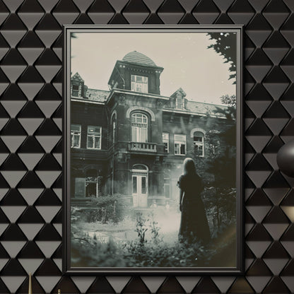 Ghostly figure in front of a dilapidated sanatorium, captured in a chilling monochrome vintage print.