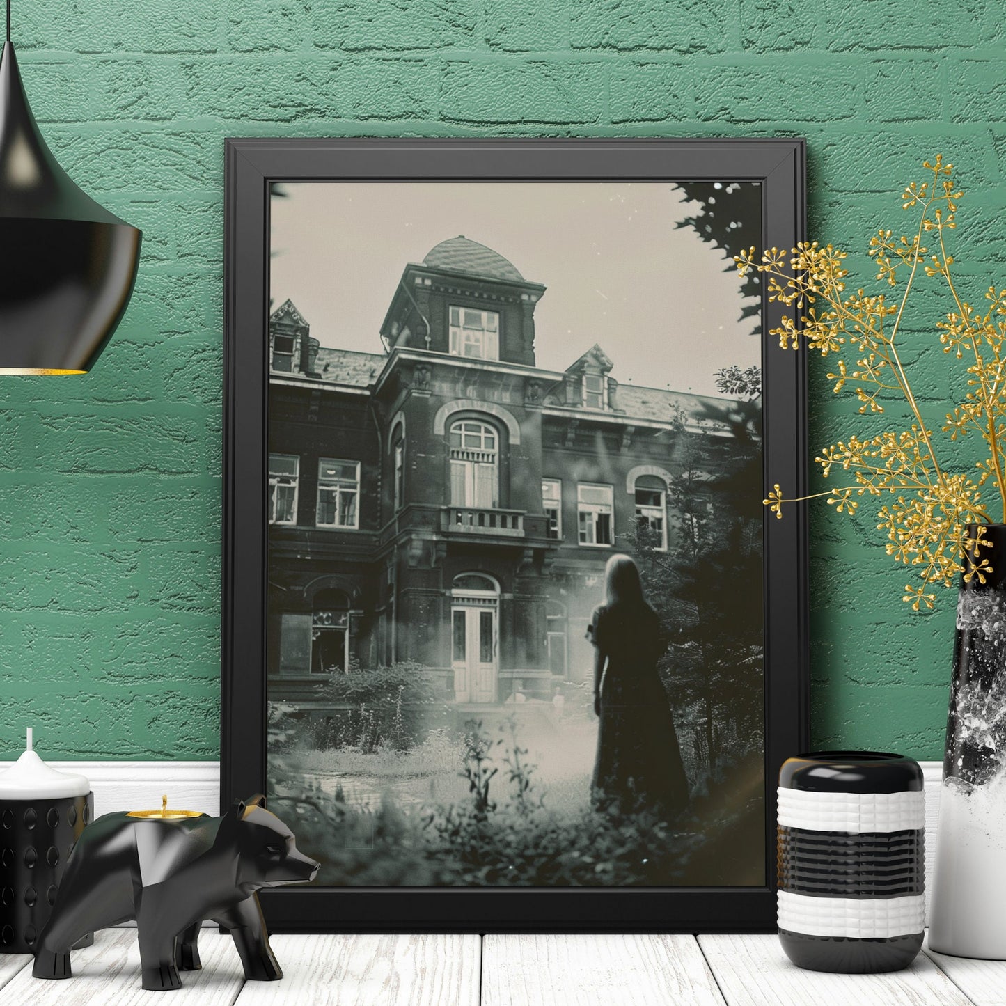 Haunting image of an overgrown asylum with a spectral figure, perfect for fans of gothic and paranormal decor