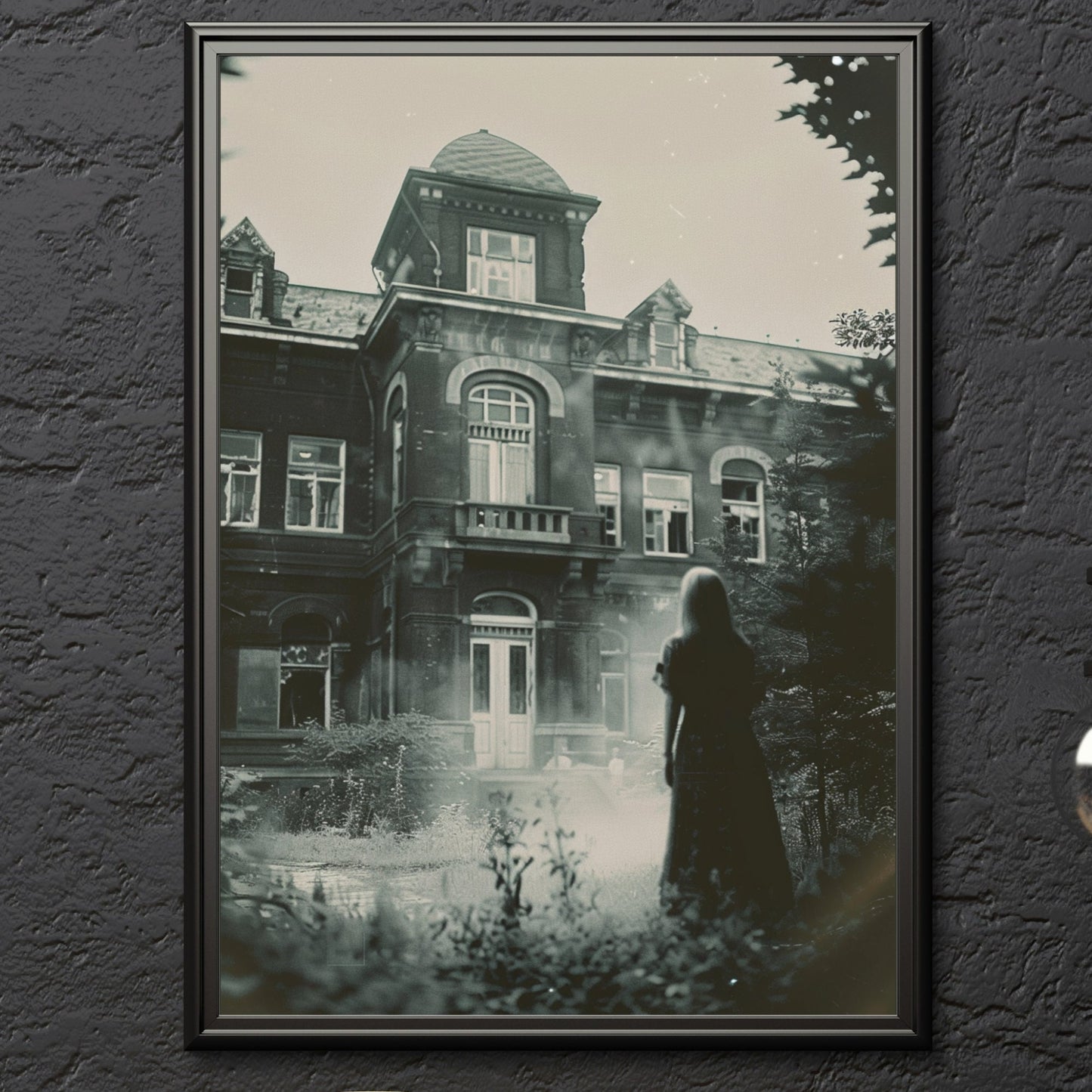 Mysterious image of a spectral figure by a deserted asylum, captured in a vintage-style print