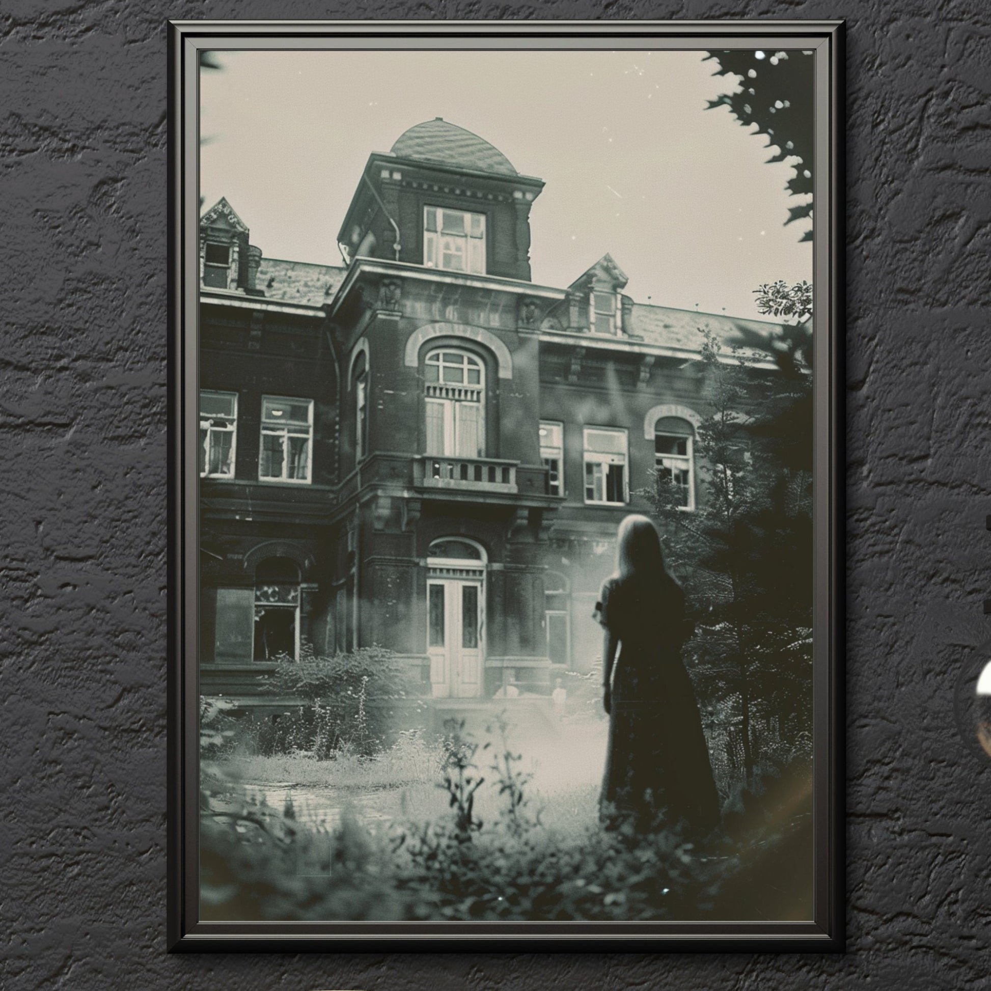 Mysterious image of a spectral figure by a deserted asylum, captured in a vintage-style print