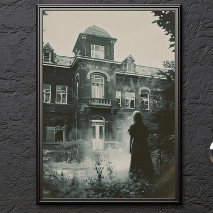 Mysterious image of a spectral figure by a deserted asylum, captured in a vintage-style print