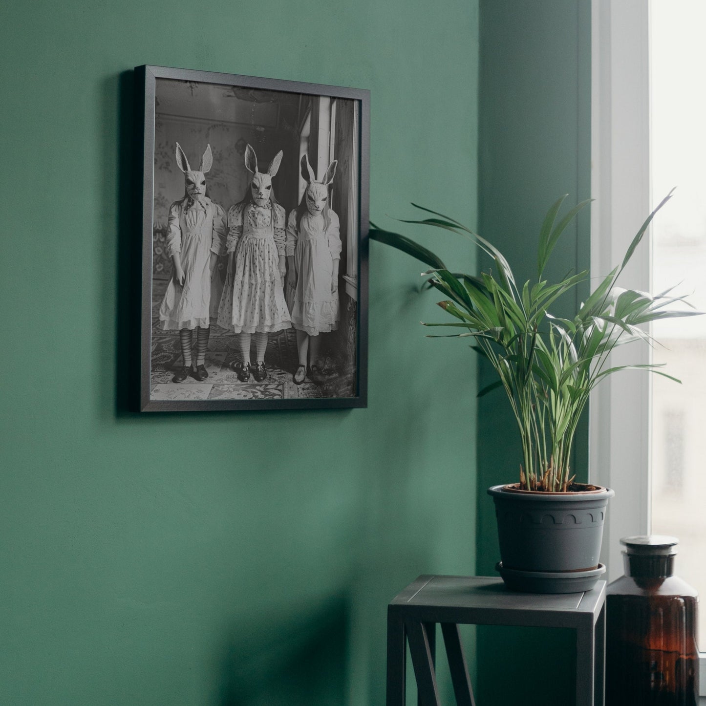 Eerie photo of a rabbit cult, featuring three figures in old-fashioned dresses and animal masks, captured in a vintage style. In a sanatorium or asylum.