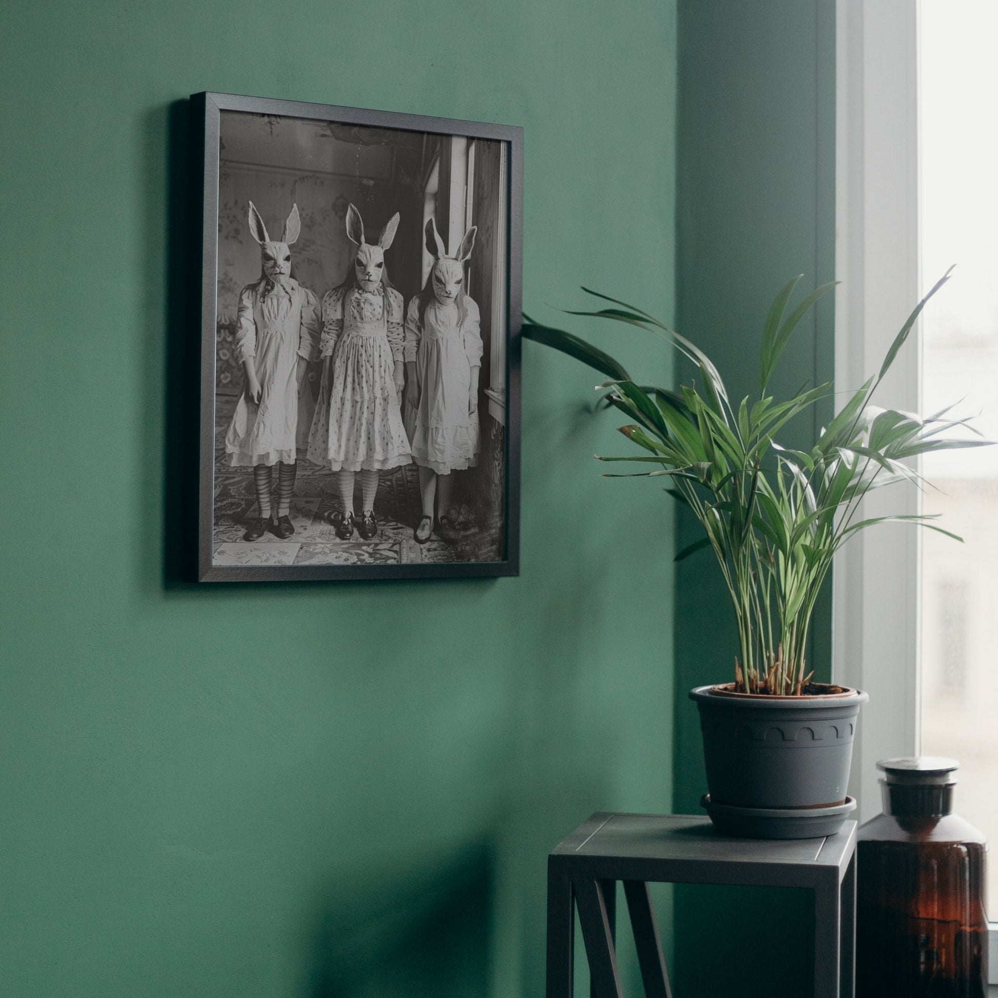 Eerie photo of a rabbit cult, featuring three figures in old-fashioned dresses and animal masks, captured in a vintage style. In a sanatorium or asylum.