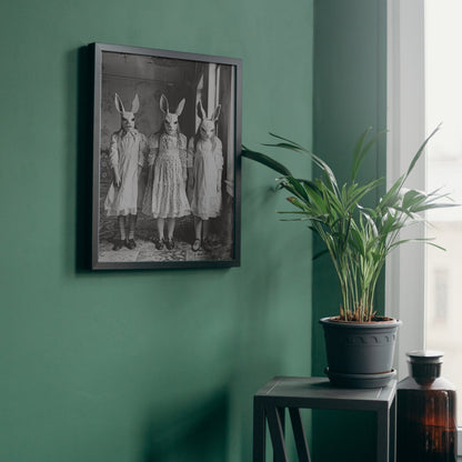 Eerie photo of a rabbit cult, featuring three figures in old-fashioned dresses and animal masks, captured in a vintage style. In a sanatorium or asylum.