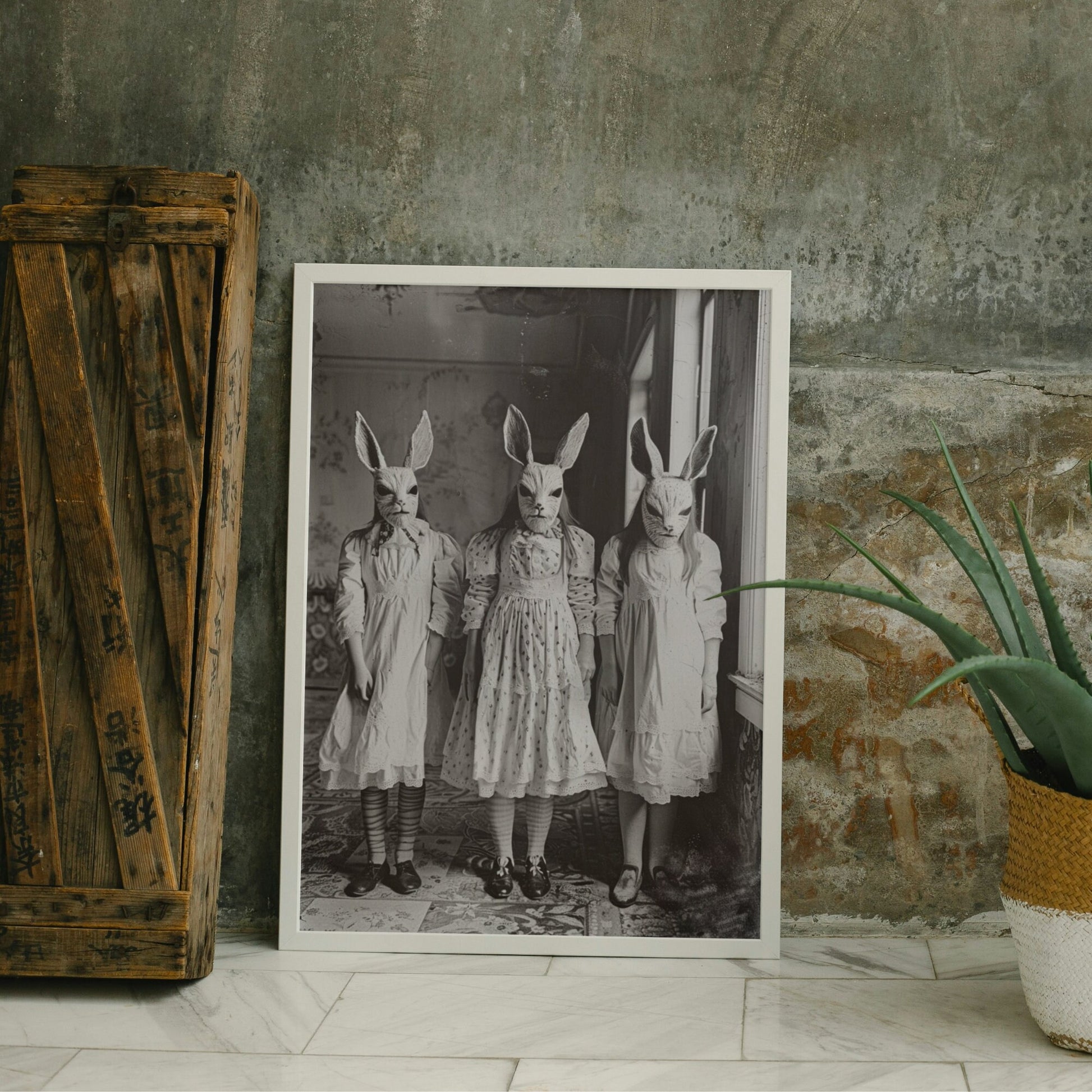 Haunting vintage photo of a trio of children in rabbit masks and old-fashioned clothing, perfect for gothic or occult-themed decor.