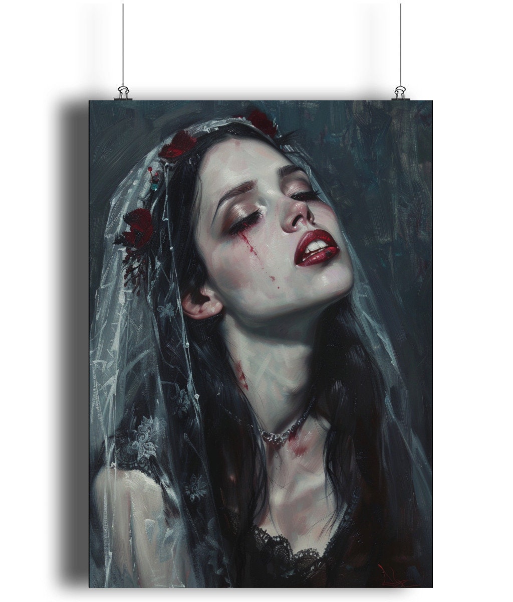 Dark fantasy vampire bride: Haunting bride with crimson lips and roses, ideal for gothic wall art.