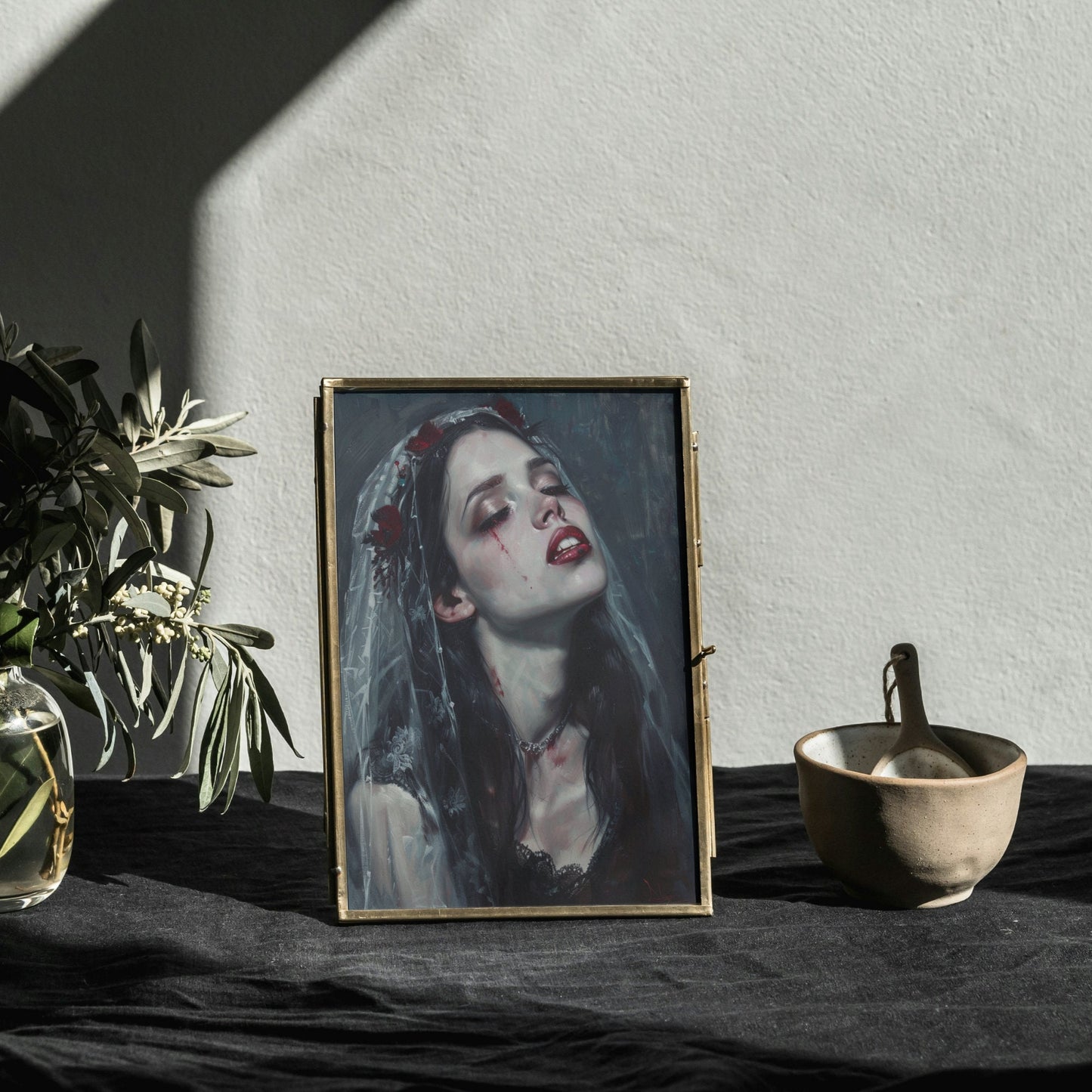 Vampire bride with blood tears: Gothic art featuring a pale, mysterious bride in a lace veil, dark fantasy vibes.