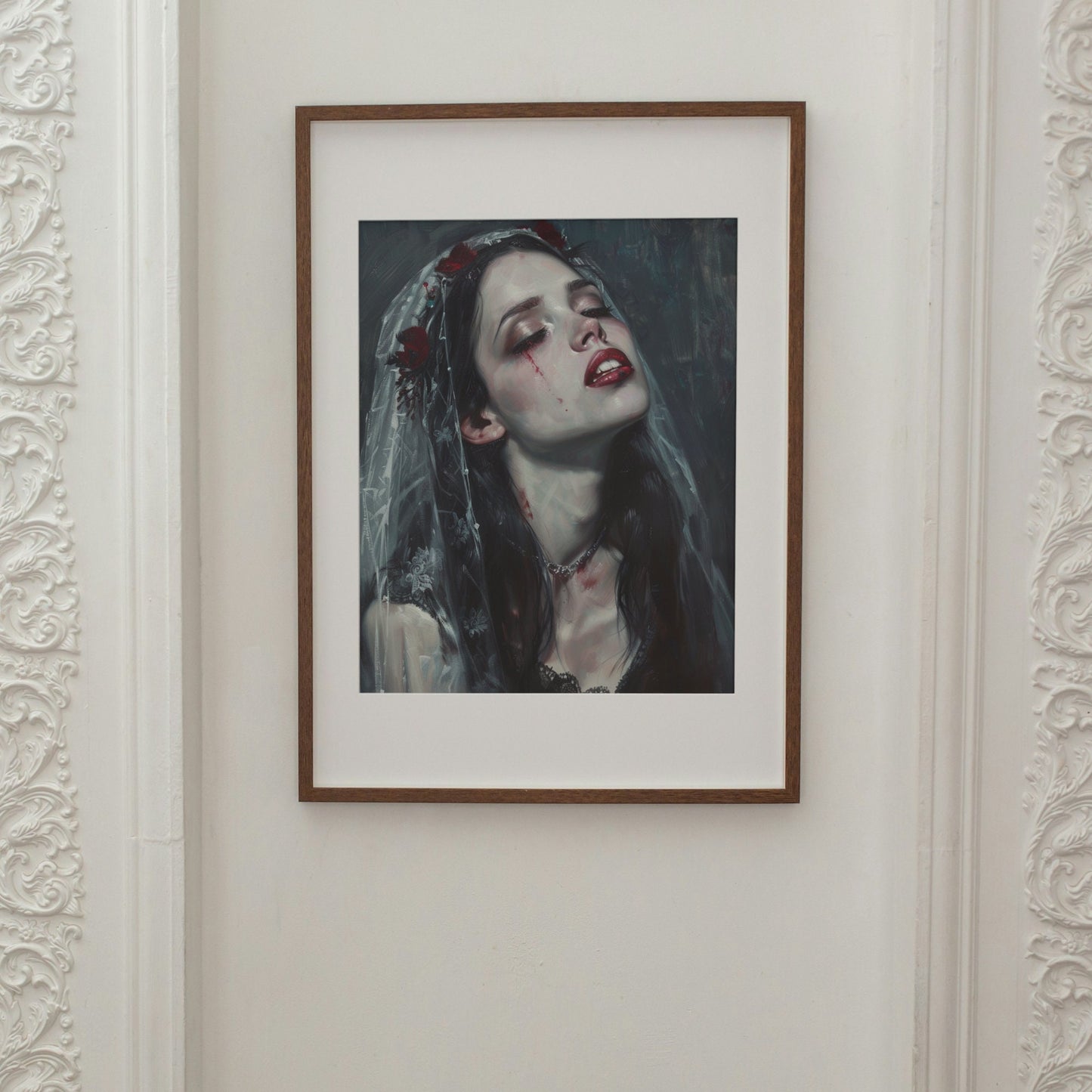 Blood-teared vampire bride art: Eerie gothic bride in a lace veil with dark roses, perfect for horror fans.