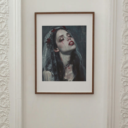 Blood-teared vampire bride art: Eerie gothic bride in a lace veil with dark roses, perfect for horror fans.