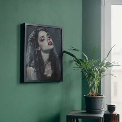 Supernatural vampire bride print: Dark, romantic art of a gothic bride with a lace veil and roses.