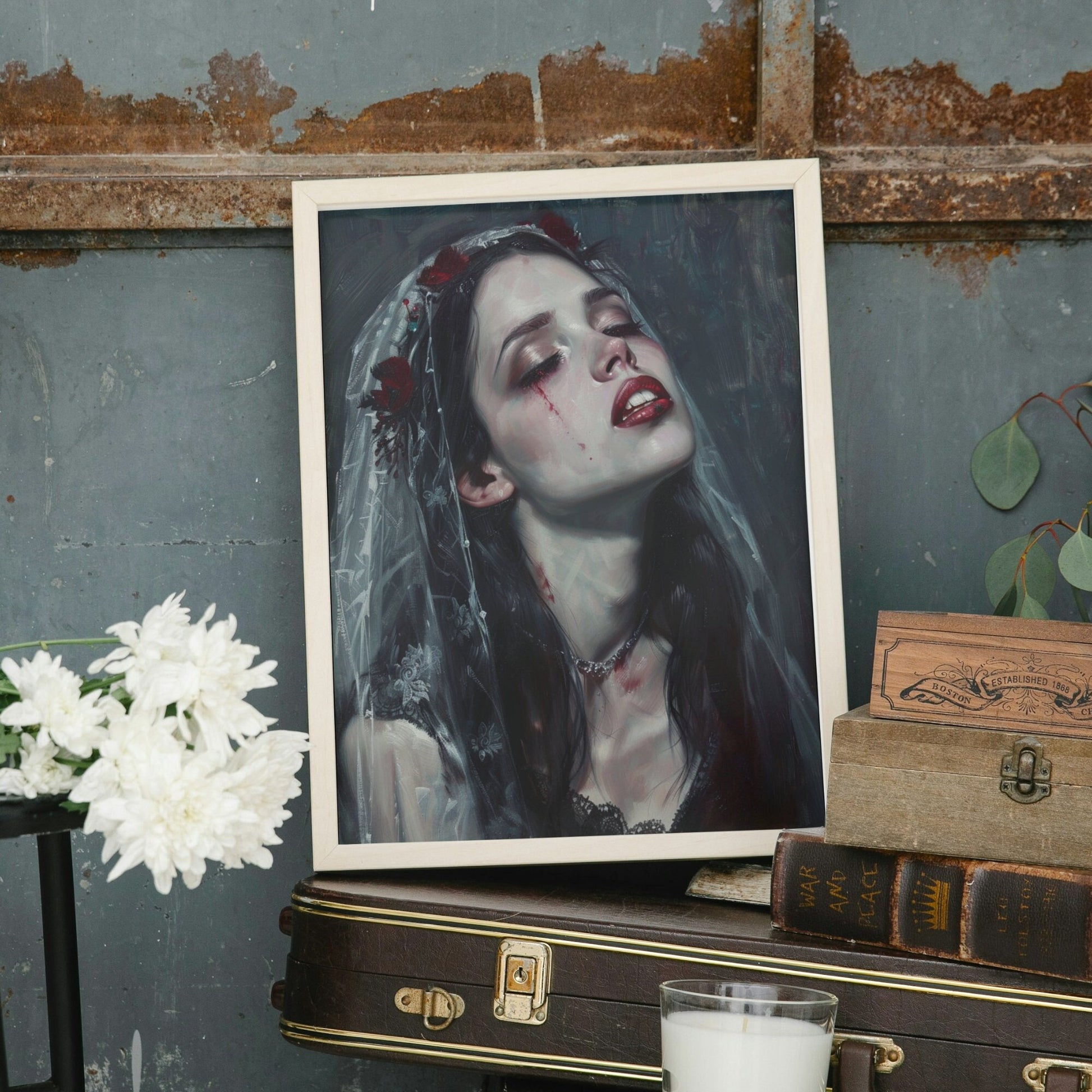 Gothic vampire bride print: Dark romance art with a haunting bride in veil and roses, perfect for gothic decor.
