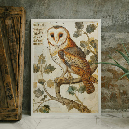Medieval Barn Owl Manuscript Art Print: Dark Academia Decor