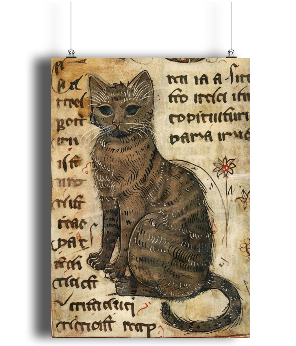 Medieval Cat Print: Illuminated Manuscript Style, Vintage Art