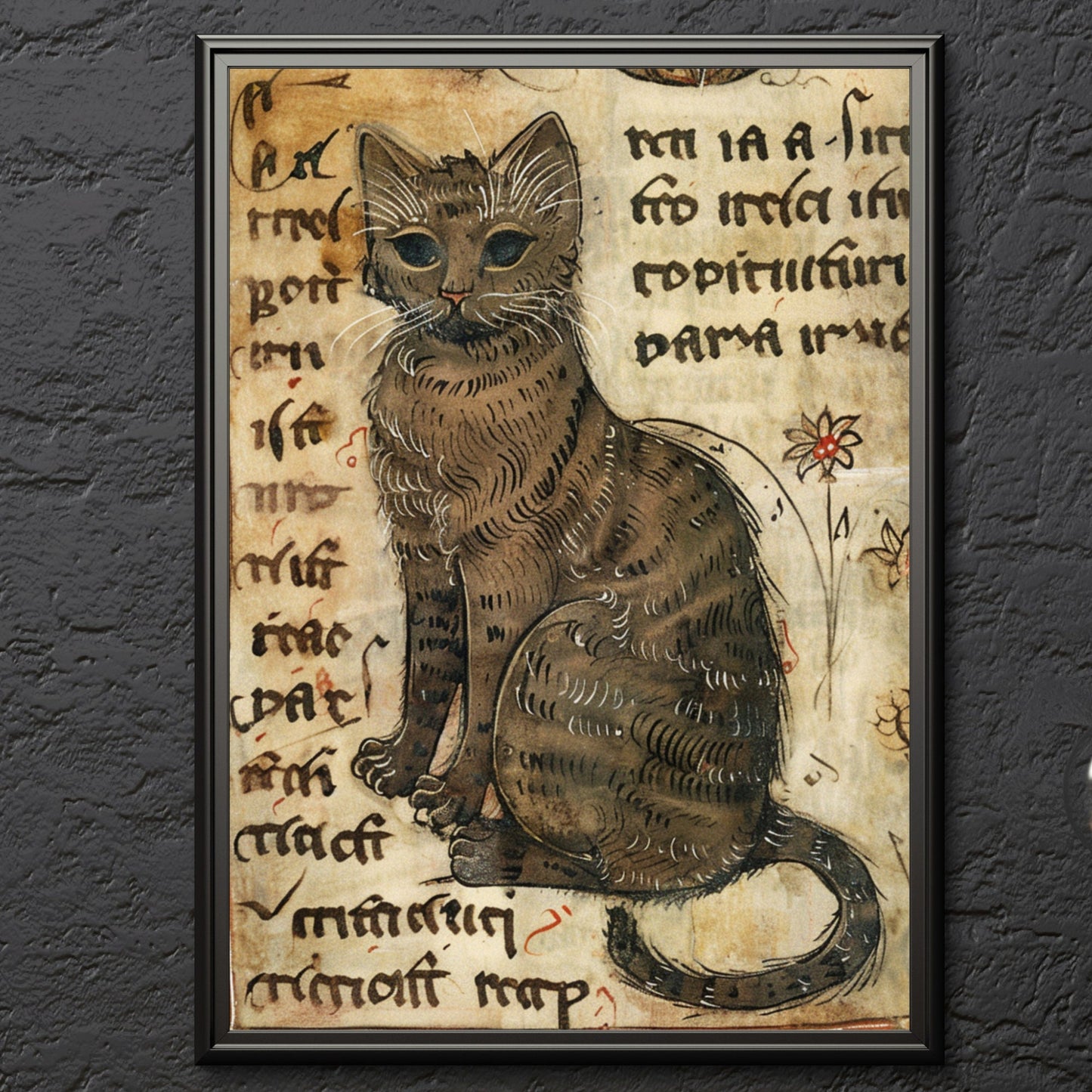 Medieval Cat Print: Illuminated Manuscript Style, Vintage Art