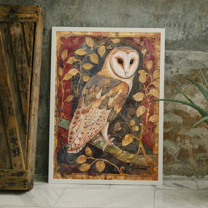 Medieval Barn Owl Art Print: Vintage Manuscript Style