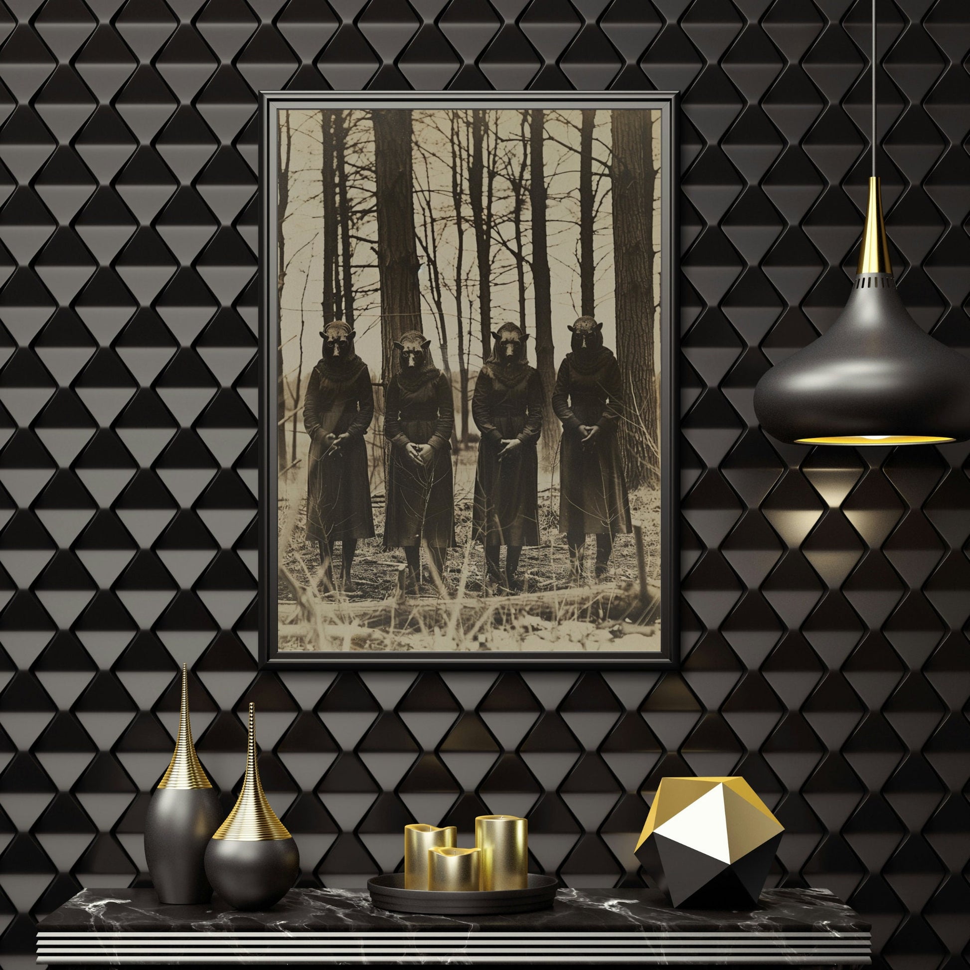 Eerie forest scene with four figures wearing animal masks, captured in a vintage-style photograph, hinting at an occult gathering.