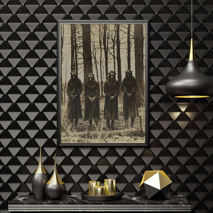 Eerie forest scene with four figures wearing animal masks, captured in a vintage-style photograph, hinting at an occult gathering.