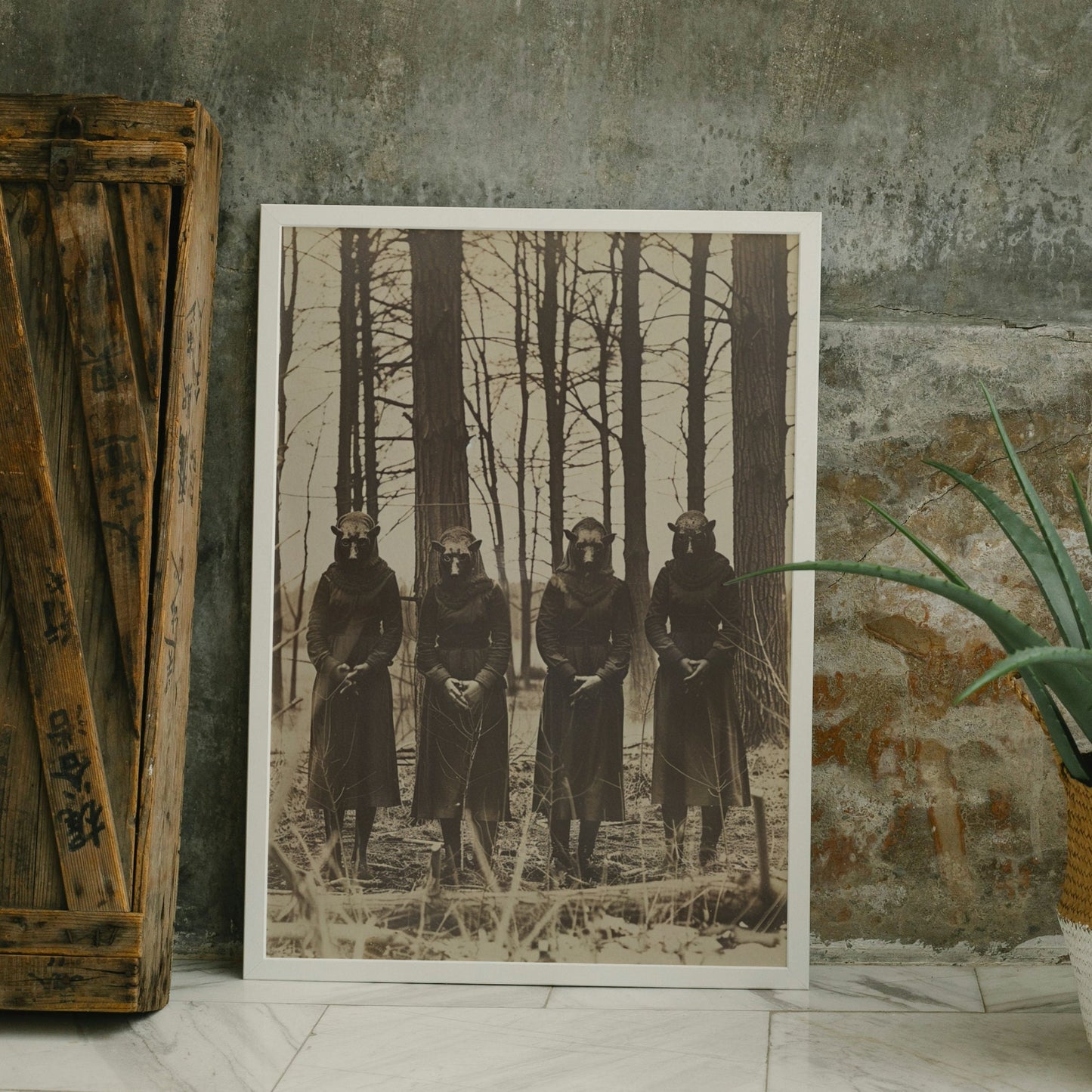Sepia-toned photo showing four mysterious figures in dark robes and animal masks, suggesting a hidden cult ritual in the woods.