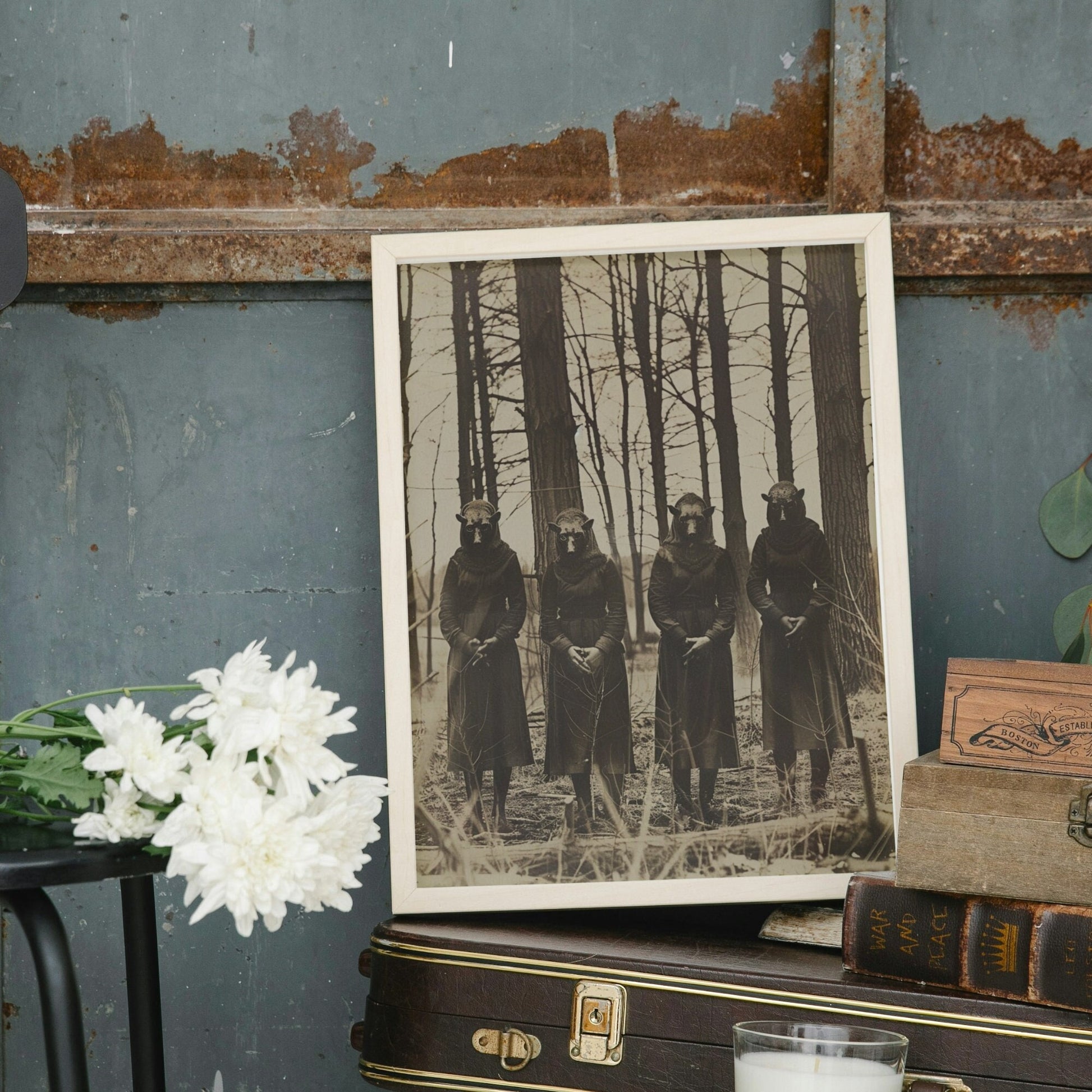 Mysterious image of a forest cult, featuring four masked and robed figures in a sepia, vintage-style photograph.