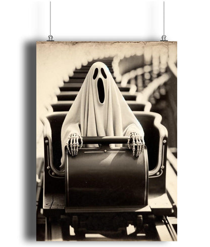 Vintage Ghost Riding Rollercoaster Print: Spooky Theme Park Art