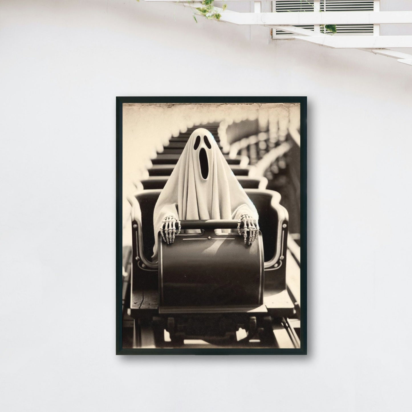Vintage Ghost Riding Rollercoaster Print: Spooky Theme Park Art