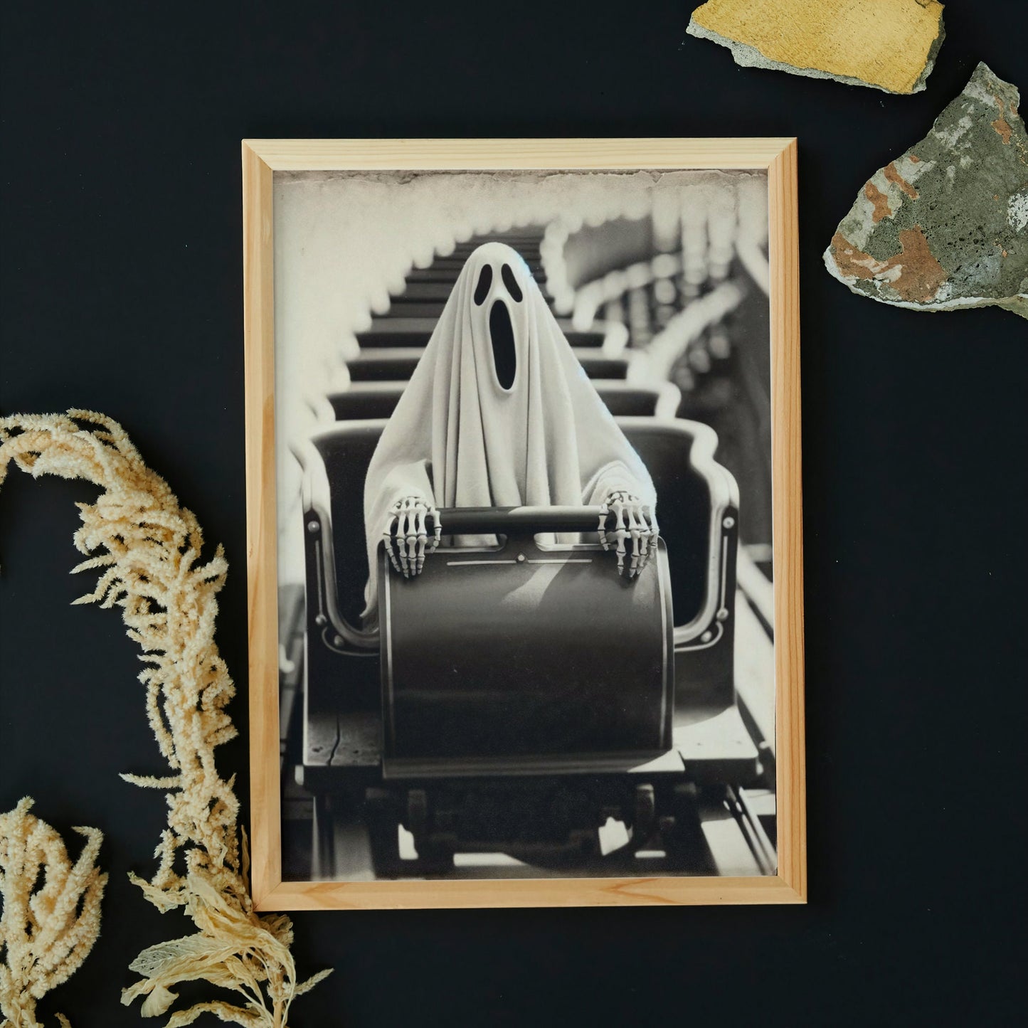 Vintage Ghost Riding Rollercoaster Print: Spooky Theme Park Art