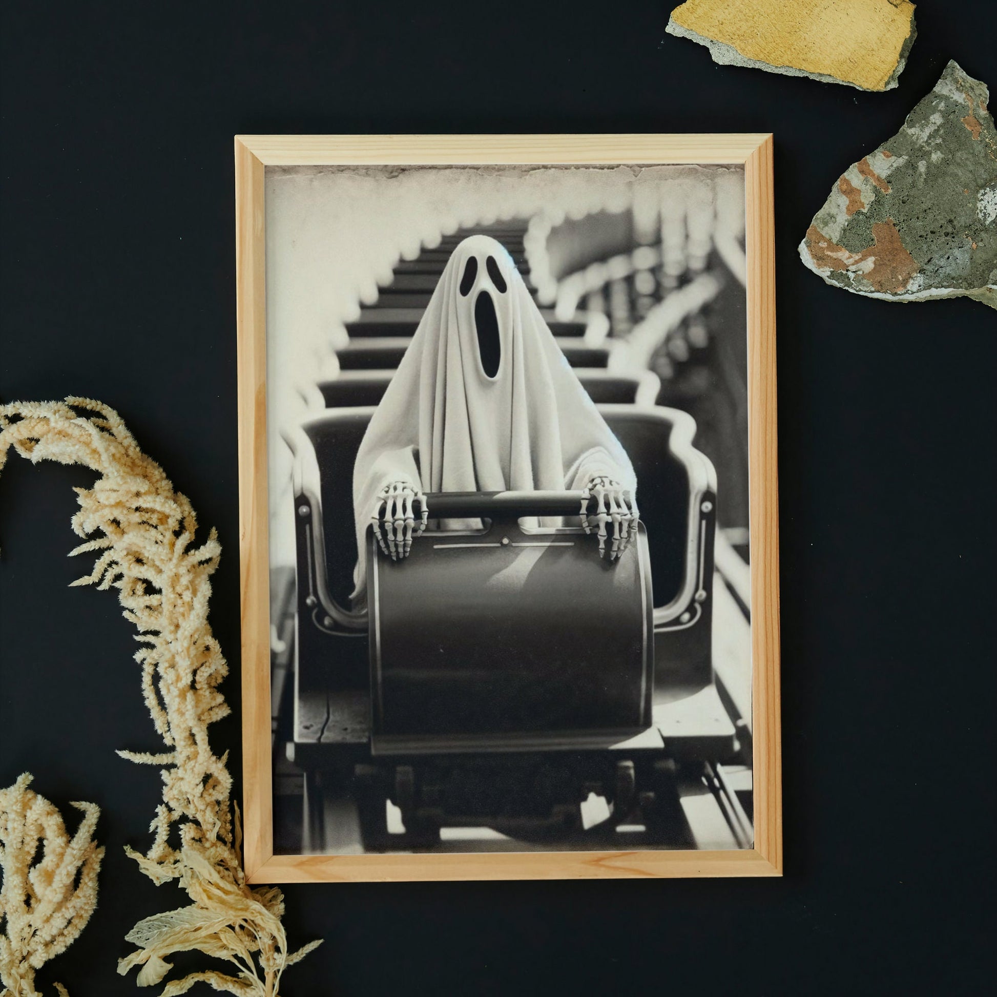 Vintage Ghost Riding Rollercoaster Print: Spooky Theme Park Art