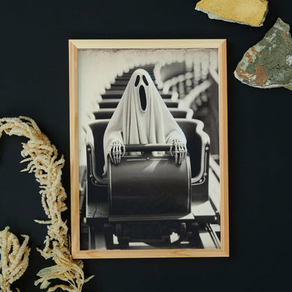 Vintage Ghost Riding Rollercoaster Print: Spooky Theme Park Art