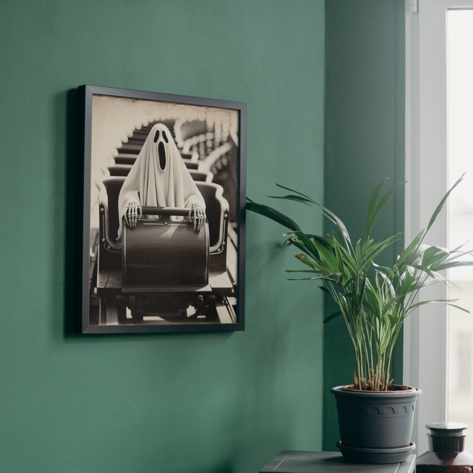 Vintage Ghost Riding Rollercoaster Print: Spooky Theme Park Art