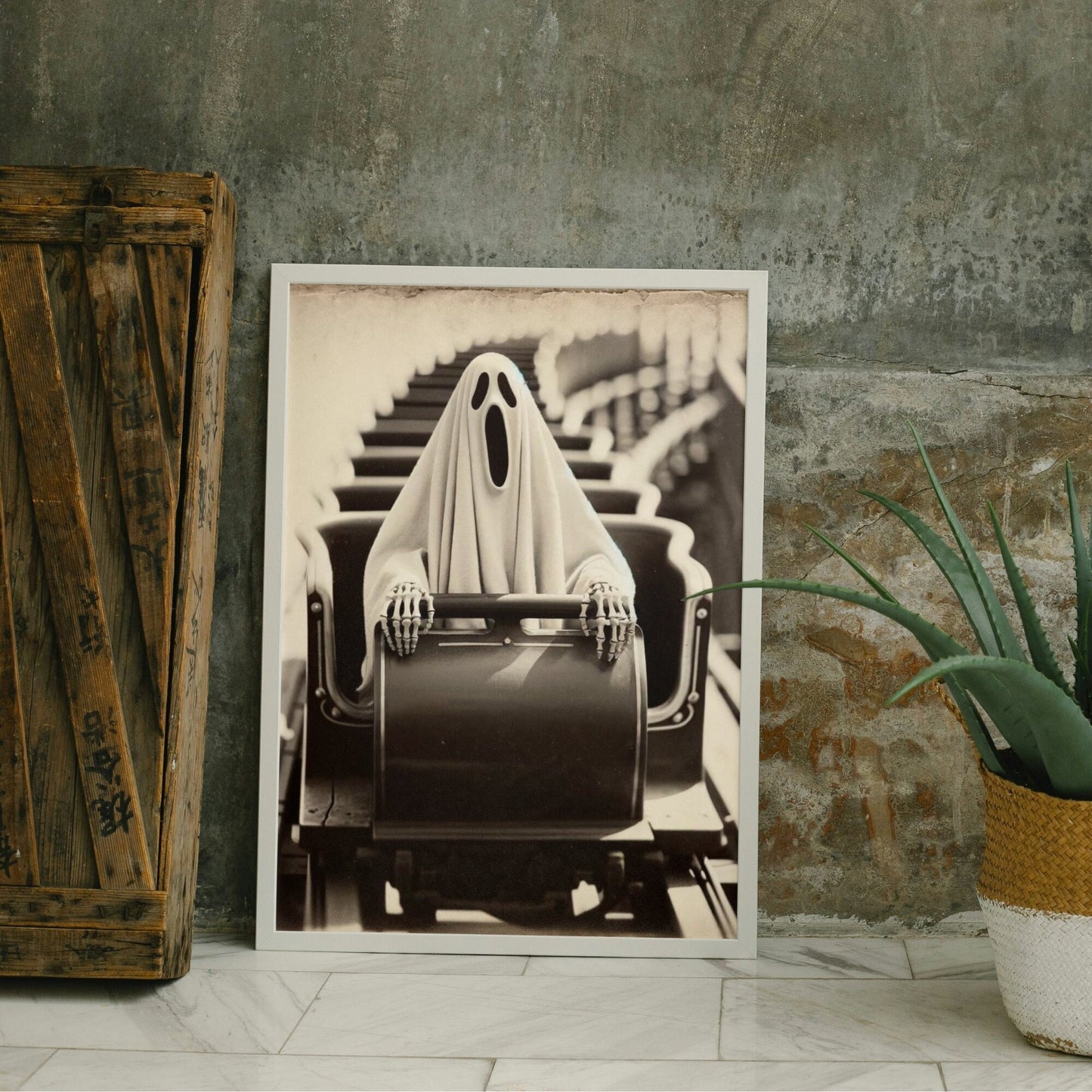 Vintage Ghost Riding Rollercoaster Print: Spooky Theme Park Art