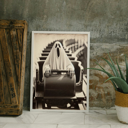 Vintage Ghost Riding Rollercoaster Print: Spooky Theme Park Art