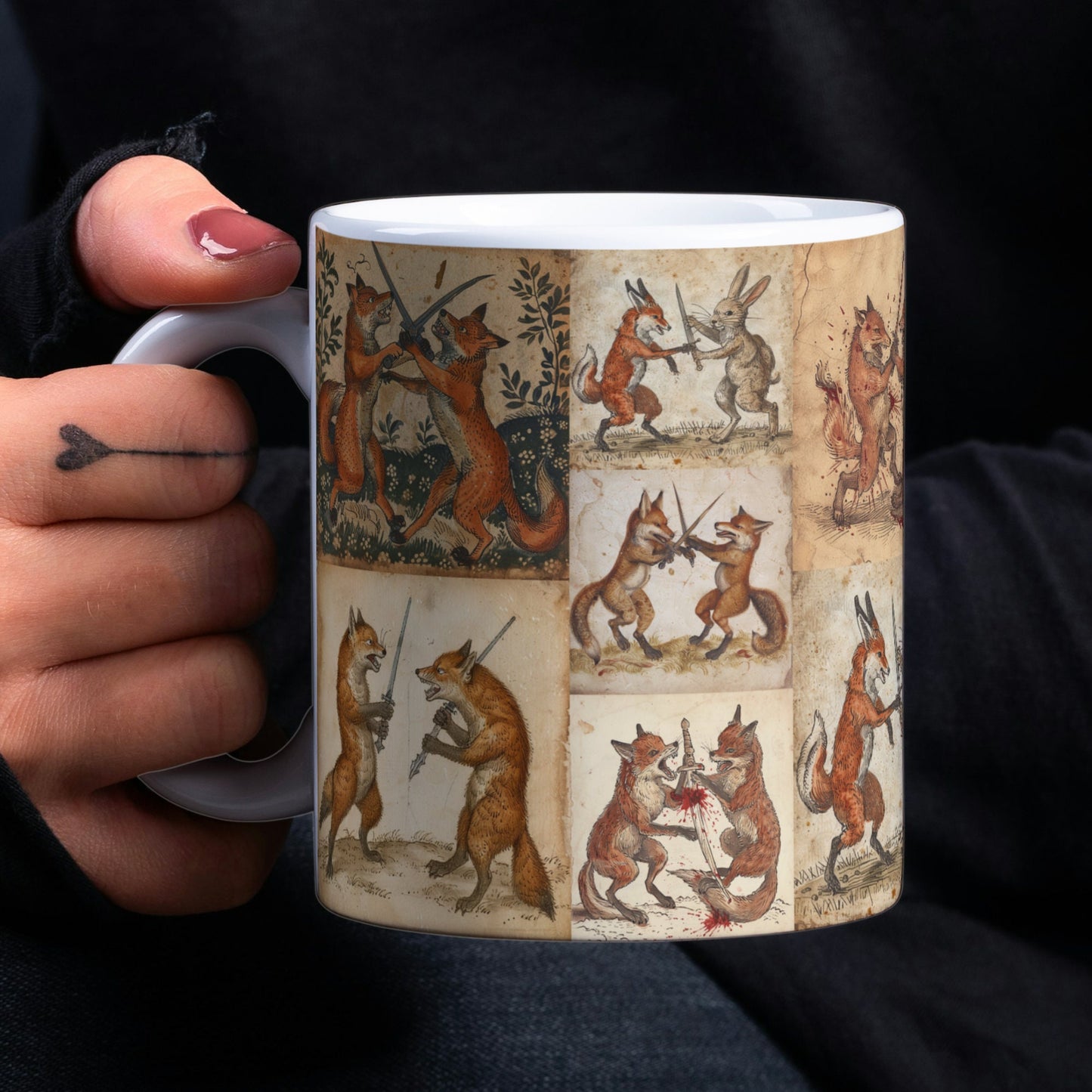 Vintage-style mug design featuring foxes and rabbits in medieval sword fights on a parchment-like background